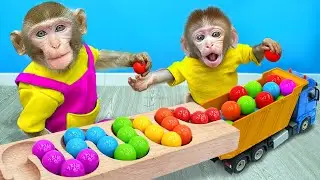 KiKi Monkey playing Marble Run Race and Lego Building Blocks with Naughty baby | KUDO ANIMAL KIKI