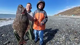 Surf Fishing & Camping on a Beach - Halibut Catch & Cook