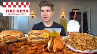 FIVE GUYS AND THAI FOOD MUKBANG! Double Bacon BURGERS, Cheese Dog, Cajun Fries, PAD THAI, Curry +