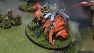 Seraphon Lizardmen in "poison frog" orange, white and black