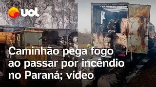 Caminhão carregado com algodão pega fogo ao passar por incêndio no Paraná e fica destruído; vídeo