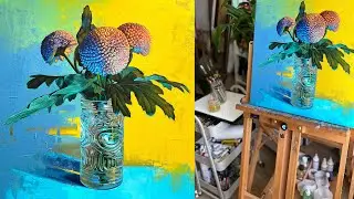 Realistic Oil Painting in Process. Step by Step. Still Life. Glass Painting. Flowers in Vase