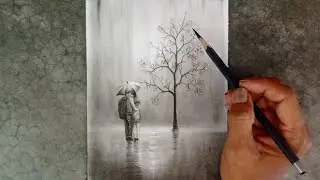 Landscape drawing in pencil of a scene of a couple walking with an umbrella on a rainy night.