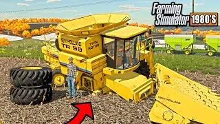 COMBINE AXLE SNAPS IN HALF WHILE HARVESTING!  (TIRE WENT FLYING!) | FARMING SIMULATOR 1980'S