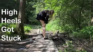 Aliona got stuck on wood bridge, high heels stuck between the wood planks, high heels abuse (# 1277)