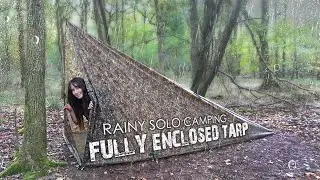 Fully Enclosed Tarp Configuration • Camping Solo in Rain + Cook Steak on Fire