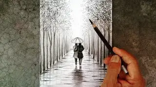 How to draw a landscape pencil drawing of a couple with an umbrella?