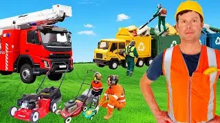 Lawn mowing for kids weed eater leaf blower| blippi toy, learn real fire trucks and garbage trucks