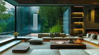 Cozy Living Room Rain Ambience 💧Fire Crackling & Waterfall Sounds for Deep Relaxation & Better Sleep