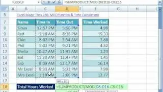 Excel Magic Trick 298: MOD function Formula for Total Time Worked