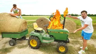 Our Tractor Catches Fire Hauling Hay | Tractors for kids