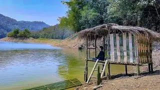 15 Days of Building a Bamboo Cabin (Start to Finish) Lake Survival Shelter, Fishing, Cooking