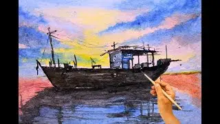 Simple Watercolour Fishing Boat at Sunset, Beginners watercolor landscape painting tutorial