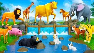 Golden Cow Leads Farm Animals in Water Pool Diorama Adventure | Funny Animals 2024 Cartoons