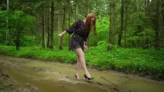 High heels abuse in mud, shoes in mud, high heels pumps wet and muddy, high heels in forest (# 767)