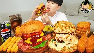 ASMR MUKBANG 직접 만든 치즈 햄버거 치즈스틱 핫도그 양념 치킨먹방! & 레시피 FIRE NOODLES AND BURGER EATING SOUND!