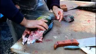 Sicilian fish market. Fish cutting.