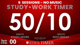 RED Mode, 5 hour, Pomodoro 50/10, 50 Minute Study Timer, Gentle Alarm No Music |  AESTHETIC TIMER