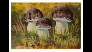 How to draw BEAUTIFUL WHITE MUSHROOMS with paints, gouache. Step by step drawing for beginners.