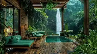 Beautiful Porch with Waterfall View 🌧 Rain and Waterfall Sounds for Relaxation | Deep Rest Space