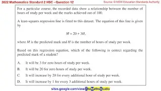2022 Maths Standard 2 HSC Q12 Using least-squares regression line equation to find unknown values