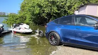 Seadoo 300 and Yamaha Svho  out of the water with a Model Y Tesla. 🔋⚡️