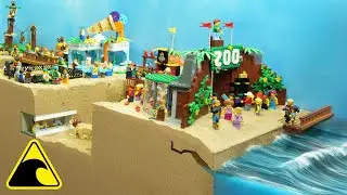 Lego Zoo Hit by Tsunami - Dam Breach Experiment - Wave Machine vs Animals & Tourists