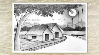 How to Draw Village Scenery with Pencil Sketch, Sunset Scenery Drawing for Beginners