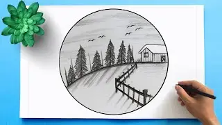 Landscape Drawing in a circle for beginners. Pencil Sketch Tutorial