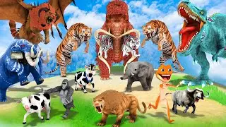 Mammoth Elephant Cow vs Giant Lion vs Zombie Dinosaur Attack Cow Cartoon Baby Elephant Gorilla