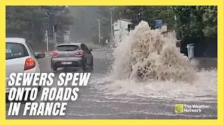 Manholes Turn to Fountains as Cars Try to Navigate Floods in France