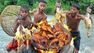 Eating chicken, cooking recipe food | Primitive technology