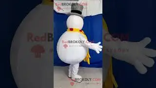 White Snowman Mascot Costume with Hat and Yellow Scarf