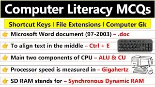 Computer mcq questions | Computer literacy test | shortcut keys | file extensions