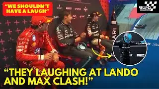 George Russell, Oscar and Carlos Laughing to the incident between Max and Lando during Cooldown Room