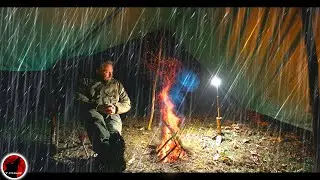 Down Pour - Covered Fire Camping in Heavy Rain - Thunderstorm Camping Adventure