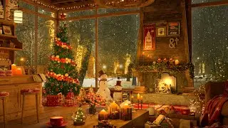 4K Snow Night on Window at Christmas Coffee Shop Ambience ☕ Relaxing Jazz Music to Relax/Study to