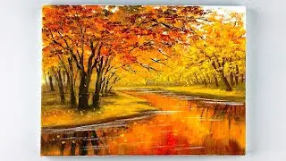 Landscape Painting / Autumn Lake Scenery / Painting Tutorial For Beginners