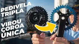 Pedivela simples de coroa tripla transformada em pedivela com coroa única removível. Pedaleria