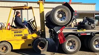 Flip axle on 40 ton Fontaine trailer, add oversize load sign, toolbox