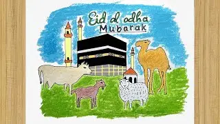 Eid al Adha Drawing. 🕌 How to Draw Eid ul Adha | Drawing of Eid Mubarak with Oil Pastels.🐏 Very Easy