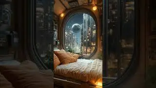 Scifi bedroom with night city view.