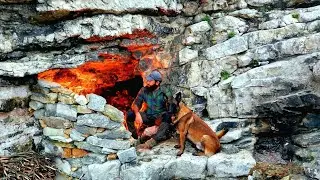 Bushcraft Camp with my Dog - Cliff Shelter, Cave Stone bunker, Fishing, Primitive Survival, Asmr