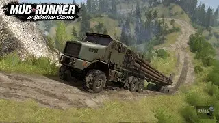 Spintires MudRunner Oshkosh HET M1070 Big Army Truck With Long Logs Drives Uphill