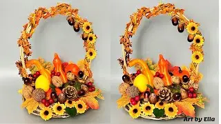 Basket for fruits and vegetables made of natural wood wreath and autumn composition!