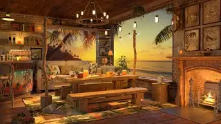 4K Beach Sunset Coffee Shop Ambience ☕ Smooth Piano Jazz Music for Relaxing, Studying and Working