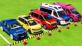 DACIA, VOLKSWAGEN POLICE CARS & MERCEDES AMBULANCE EMERGENCY VEHICLES TRANSPORTING ! FS22