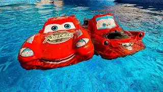 Disney Pixar Cars falling into deep pool, Lightning McQueen, Tow Mater, Mack, Sally, Francesco