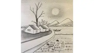 How to draw a simple landscape scenery step by step | village life art easy