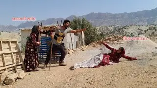 Throwing the wicked first wife out of the house by the husband after fighting with the second wife